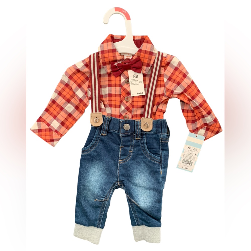 Cat & Jack Newborn Red Plaid Bodysuit and Blue Denim Pants Suspenders Set